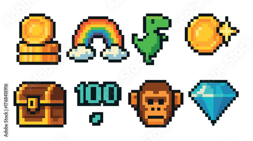 Pixel art icons: coins, rainbow, dinosaur, chest, numbers, monkey, diamond