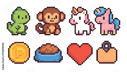 Pixel art animal characters with coin, heart, and food bowl