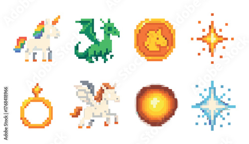 Pixel art fantasy creatures and magical symbols with unicorn, dragon, and pegasus