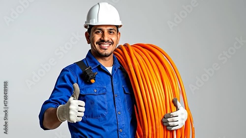 Smiling construction worker in blue uniform, white hardhat, gloves, thumbs up, holding orange cable