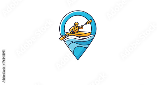 Illustration of a kayaker in a kayak with a paddle inside a location pin icon on a white background.