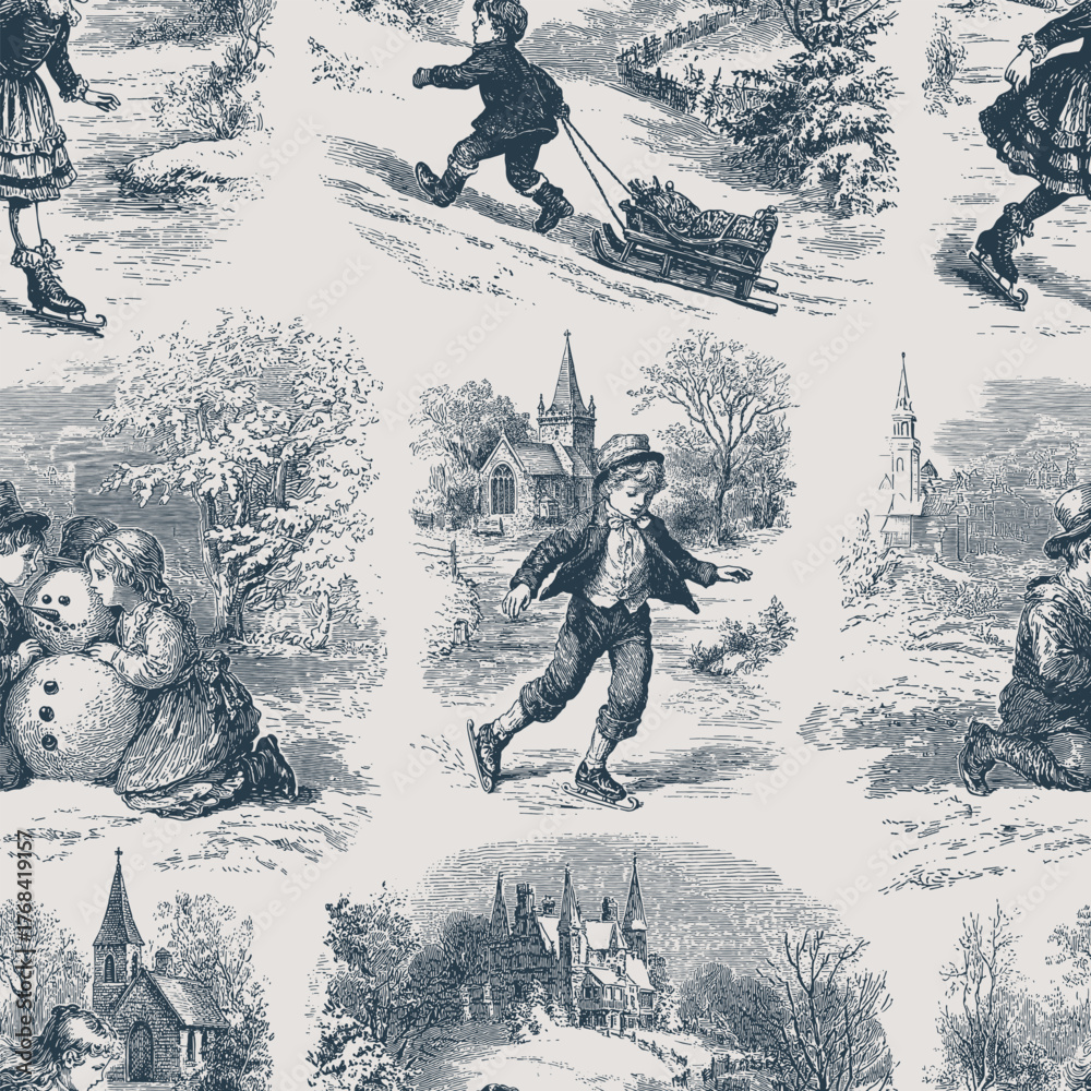Seamless vector pattern with traditional European winter scenes. Vintage engraving or ink drawing style vector illustration.