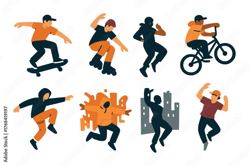 Naklejka premium Diverse youth engaging in urban street sports: skateboarding, rollerblading, bmx, and dance