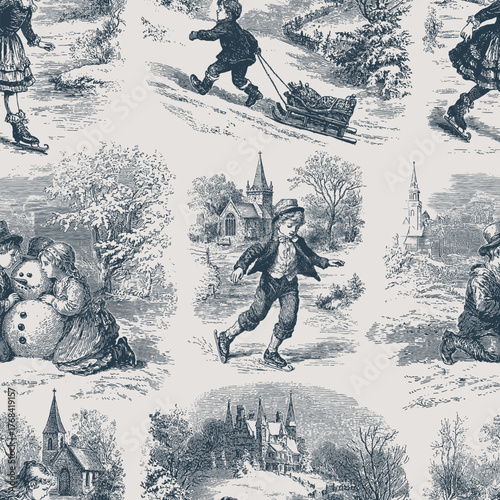 Seamless vector pattern with traditional European winter scenes. Vintage engraving or ink drawing style vector illustration.