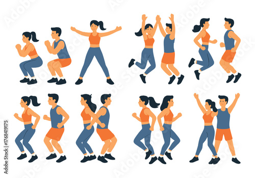 Animated asian adults in active jumping and fitness poses on a gradient background