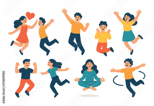 Cartoon characters expressing joy and meditation with multicolored outfits