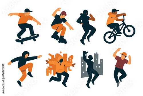 Diverse youth engaging in urban street sports: skateboarding, rollerblading, bmx, and dance