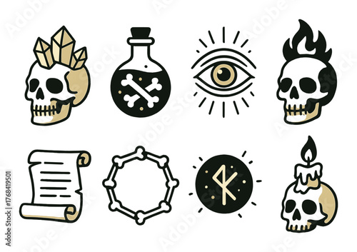 Mystical symbols: skulls, potions, eye, flame, scroll, circle, rune, candle