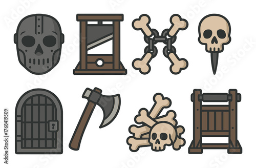 Medieval execution symbols: guillotine, axe, skull, shackles, mask, door, rack