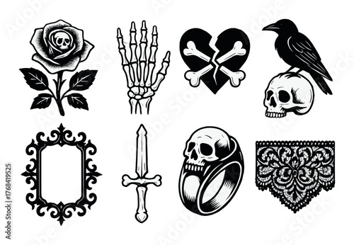 Gothic skull and skeleton illustrations with rose crow and heart designs