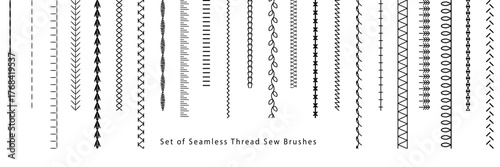 Set of seamless thread sew brushes.  Machine embroidery stitches.