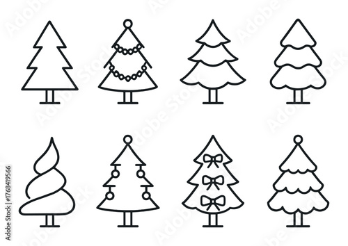 Set of eight minimalist christmas tree silhouettes on gradient background