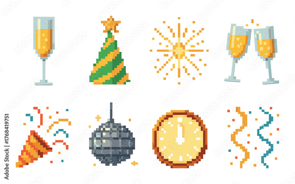 Obraz premium Pixel art celebration: party hat, champagne, disco ball, fireworks, and clock countdown