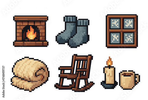 Cozy pixel art icons: fireplace, socks, window, blanket, rocking chair, candle, mug