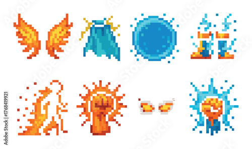 Pixel art magic icons: wings, cloak, orb, scales, shield, fist, eyes, heart in neon colors