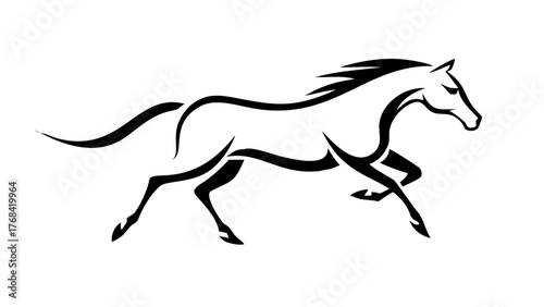 Dynamic black and white horse silhouette gallops with power and grace, perfect for logos, branding, and designs needing a touch of equestrian elegance