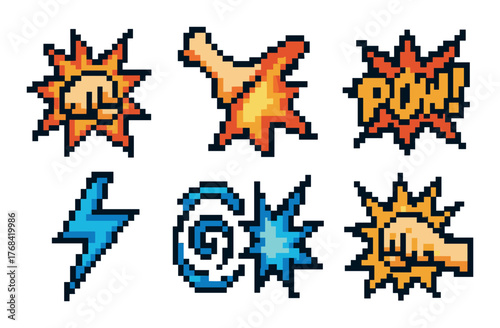 Retro pixel art comic effects with explosions, punches, and lightning bolts