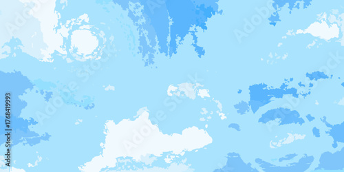 Abstract watercolor painting of a light blue sky with white and darker blue cloud formations