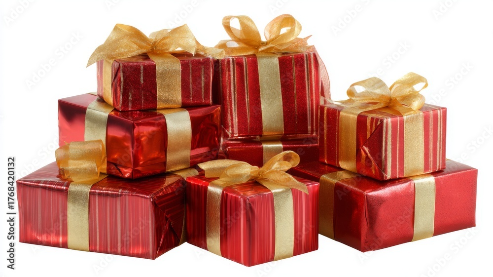 Obraz premium Stacked red and gold christmas gift boxes with shiny ribbons and bows on transparent background for holiday celebration and festive decoration