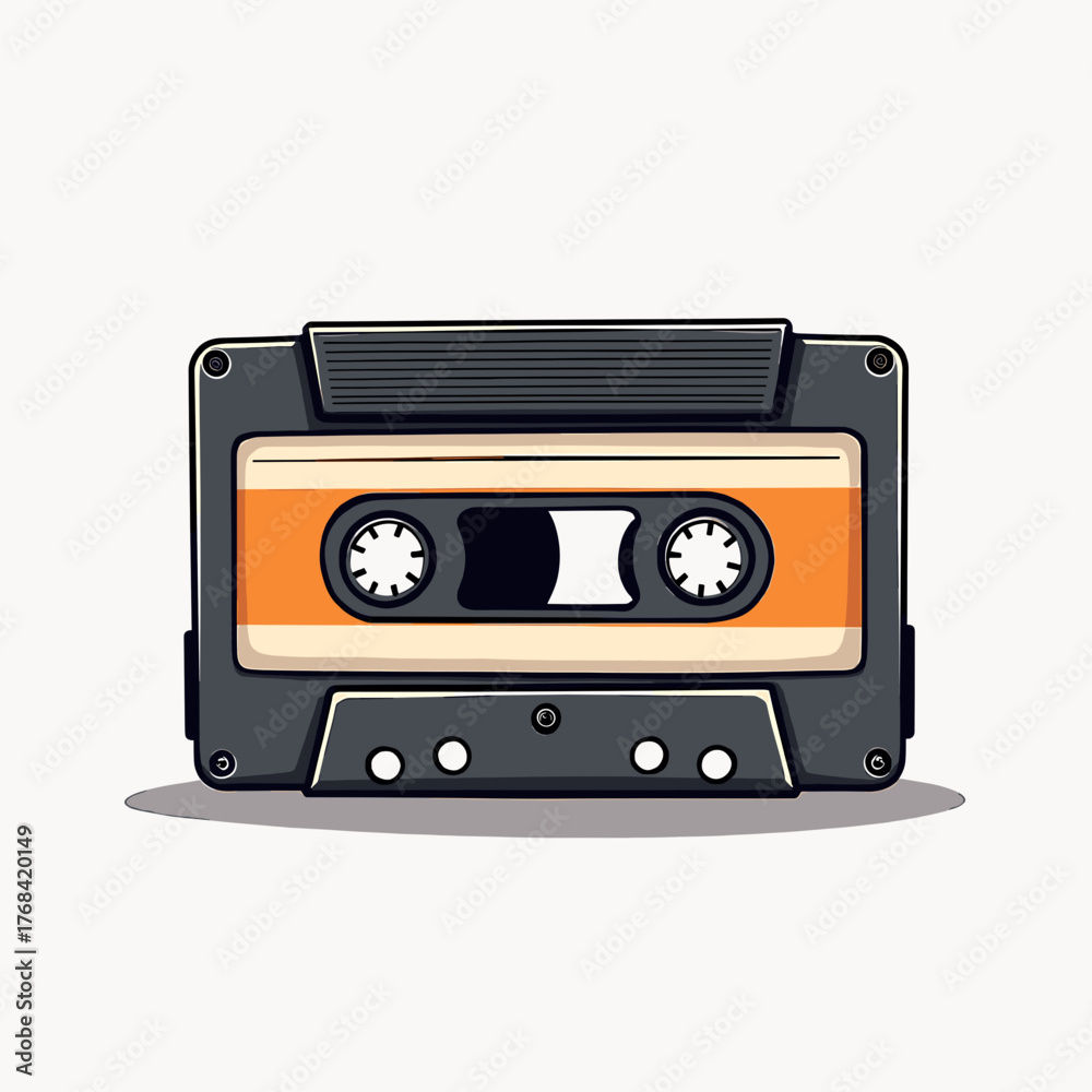 Obraz premium Retro audio cassette tape with orange label on a white background