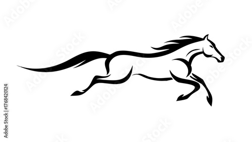 Dynamic horse illustration in bold black lines, perfect for equestrian branding and logo design, conveying speed, agility, and powerful grace in vector style