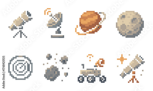 Retro pixel art space icons: telescope, saturn, moon, rover, planet, radar