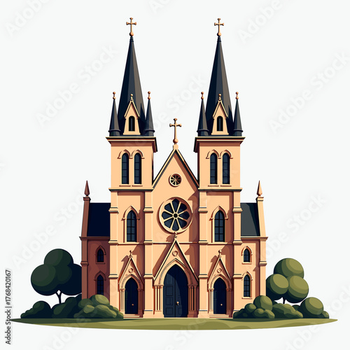 Christian church building with twin steeples and surrounding greenery