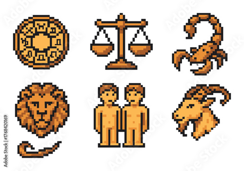 Pixel art zodiac signs: scales, scorpion, lion, twins, goat, ram design