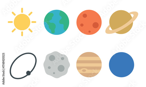 Illustrated solar system planets and sun icons on gradient background