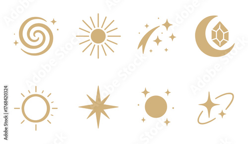 Golden celestial symbols set with spirals, stars, and moons