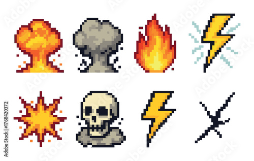 Retro pixel art icons: explosion, fire, skull, lightning in 8-bit style