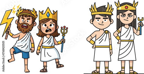 Cartoon illustration of Greek gods and goddesses, Zeus and Hera characters, mythology education concept, ancient Greece culture, divine royalty costume art