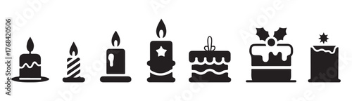 Holiday Candle and Cake Icon Set - Festive Dessert and Light Vector