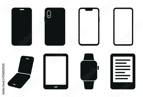 Minimalist silhouettes of modern gadgets including smartphones and smartwatch