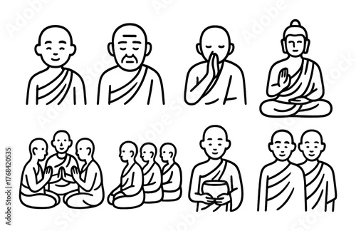 Monastic life illustrations: meditating monks and spiritual practices