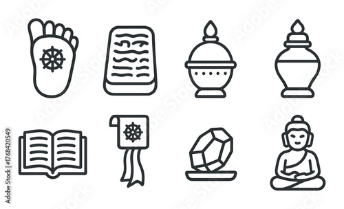 Buddhist symbols set: eight auspicious icons with dharma wheel and meditating buddha