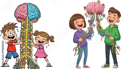 Cartoon kids learning about human brain and nerves, neuroscience education, anatomy illustration, child science learning, fun biology concept, cognitive development
