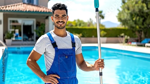 Man in blue overalls smiles, holds pool cleaner pole, stands near pool with house background