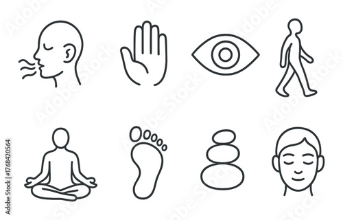 Mindfulness symbols: breathing, meditation, and walking icons on dark background