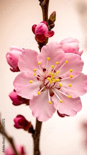 A close-up showcases a branch of pink flowers, with yellow anthers, against a pale backdrop