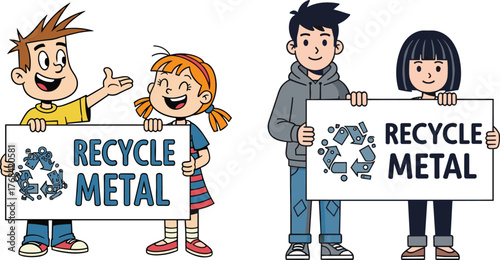 Children holding recycle metal signs, environmental awareness illustration, kids promoting recycling, eco-friendly education, sustainability, waste management, green planet, clean environment