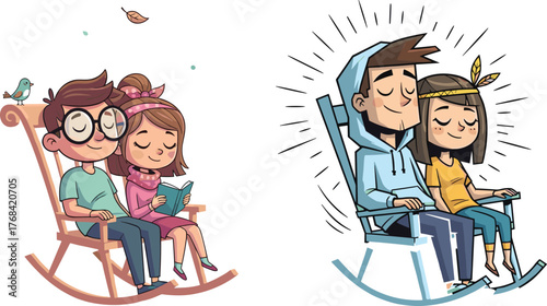 Cute cartoon couples relaxing on rocking chairs, happy boy and girl reading together, cozy love, peaceful moment, relationship illustration, romance