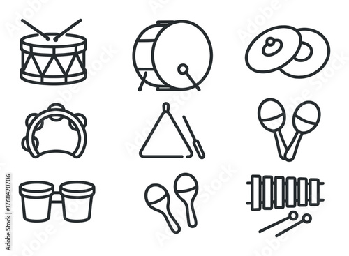 Outline set of musical percussion instruments on dark background