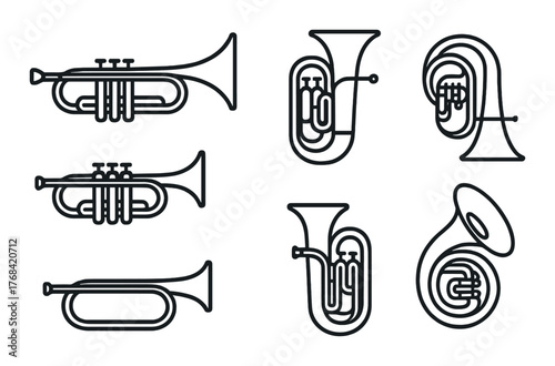 Brass instrument collection: trumpet and tuba silhouettes on dark background