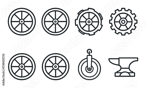 Set of industrial icons featuring wheels, gears, and anvil on dark background