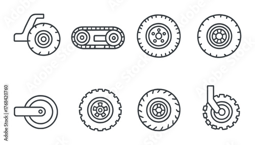Set of eight geometric wheel and tread icons on a dark background