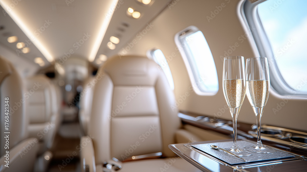 Naklejka premium Close up ultra-realistic photo of luxury private jet interior, daylight through windows, beige leather seats, champagne glasses on small table, soft lighting, cinematic composition