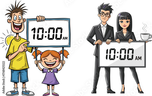 Funny carMorning routine contrast, casual and professional characters, 10 AM time concept, cartoon and business style, daily schedule, lifestyle illustrationtoon kids 