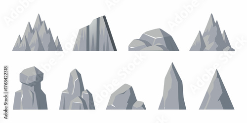 Collection of stylized grey rock formations and mountain peaks in a flat design style