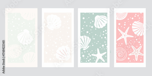 Collection of four vertical pastel abstract art panels featuring white seashells and starfish on soft backgrounds